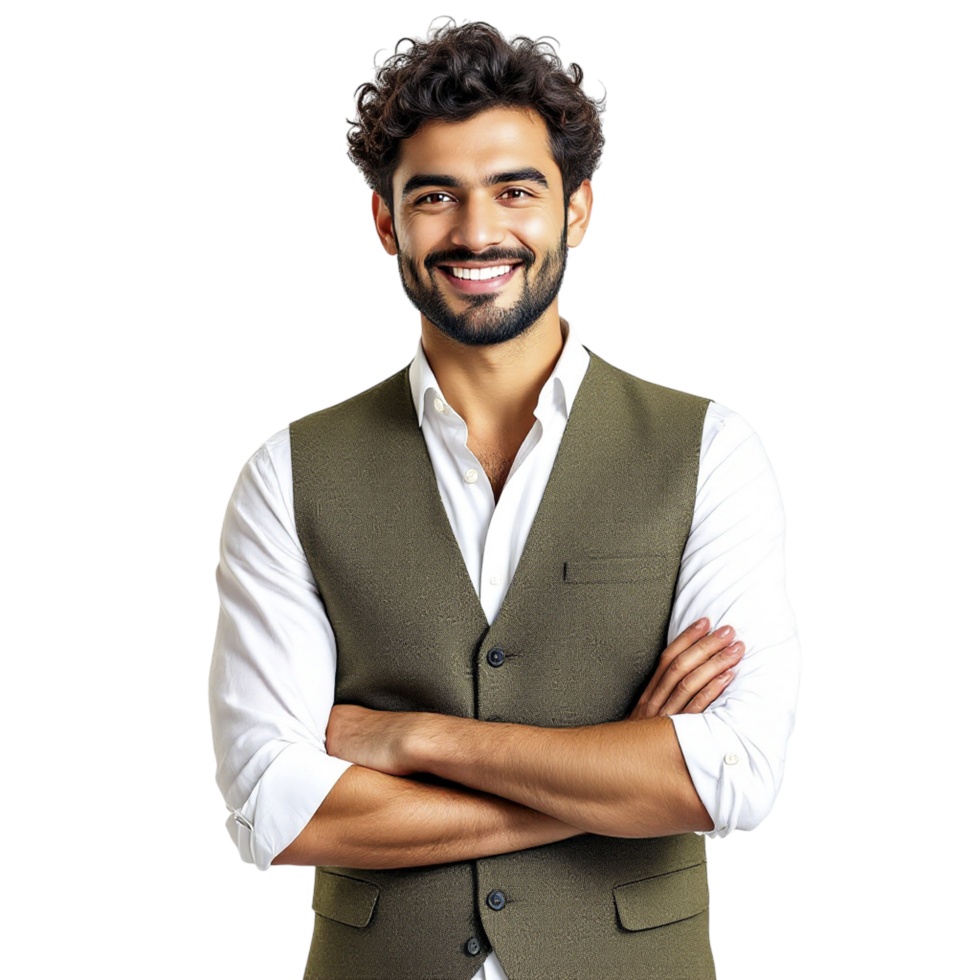 A man in a vest and white shirt png