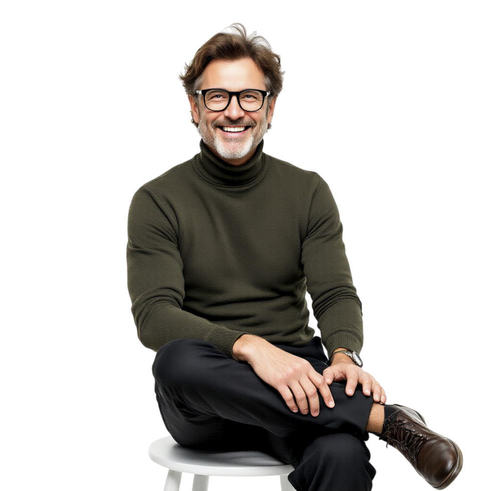 A man in glasses and a turtle neck sweater sitting on a stool png
