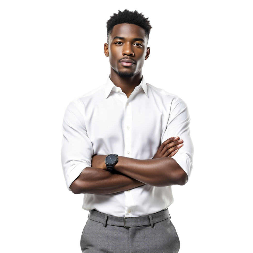 A young black man in a white shirt and grey pants png