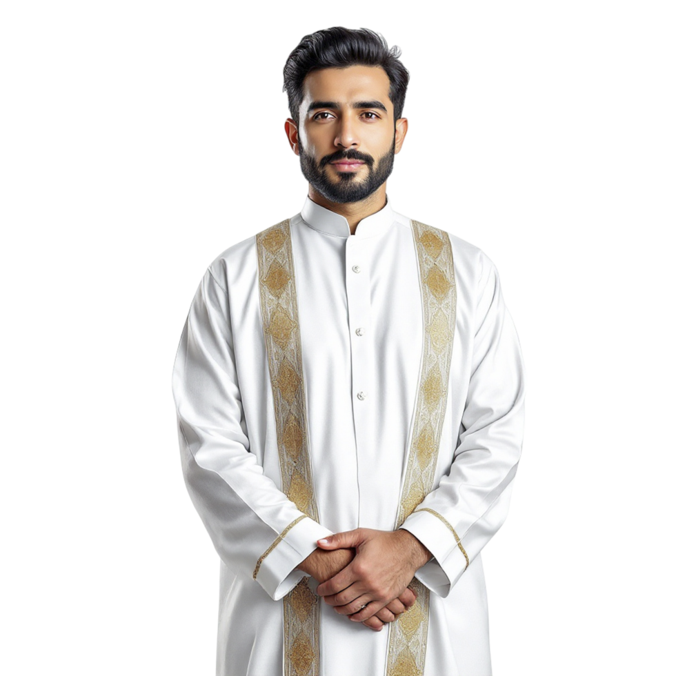 A man in a white robe standing with his hands folded png