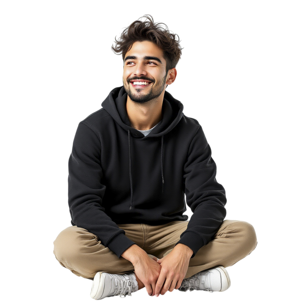 A man in a black hoodie sitting on the floor png