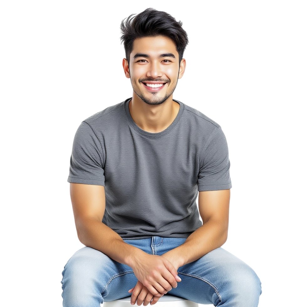 A man sitting on a stool with his hands on his knees png