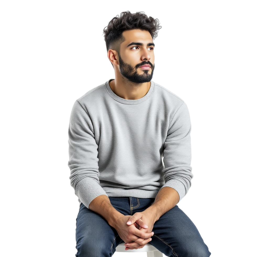 A man sitting on a stool with his hands crossed png