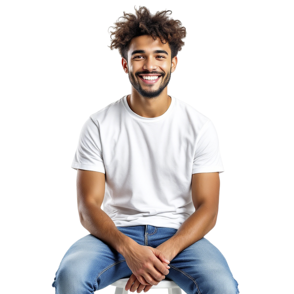 A man in a white t - shirt and jeans sitting on a stool png