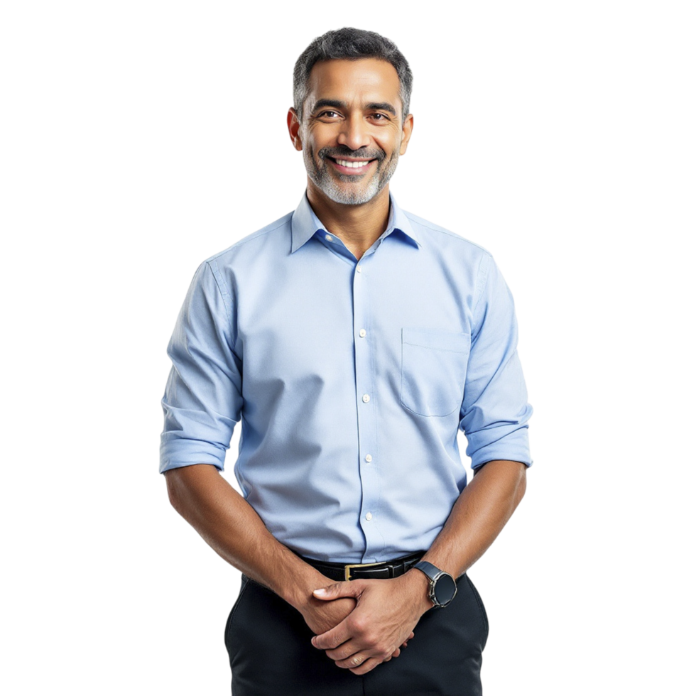 A man in a blue shirt and black pants png