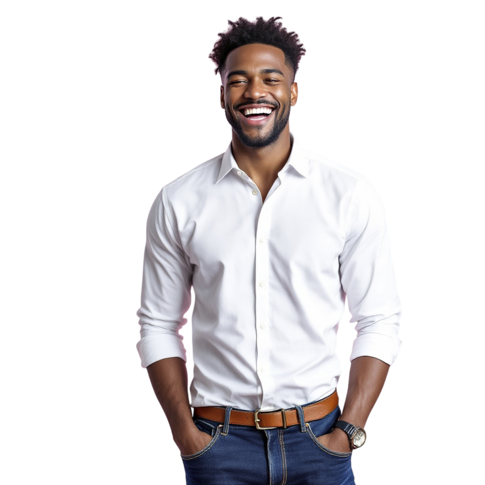 A man in a white shirt and jeans is smiling png