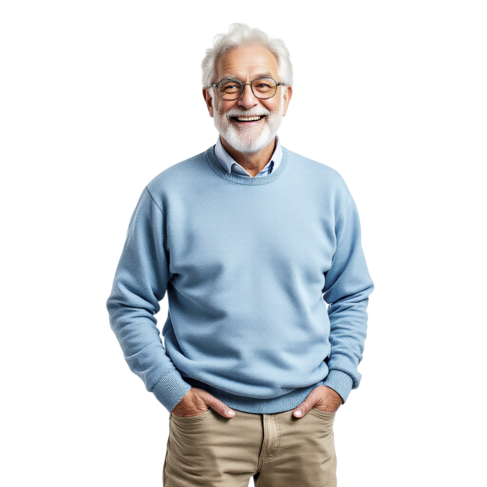 Senior man in blue sweater standing with hands in pockets png