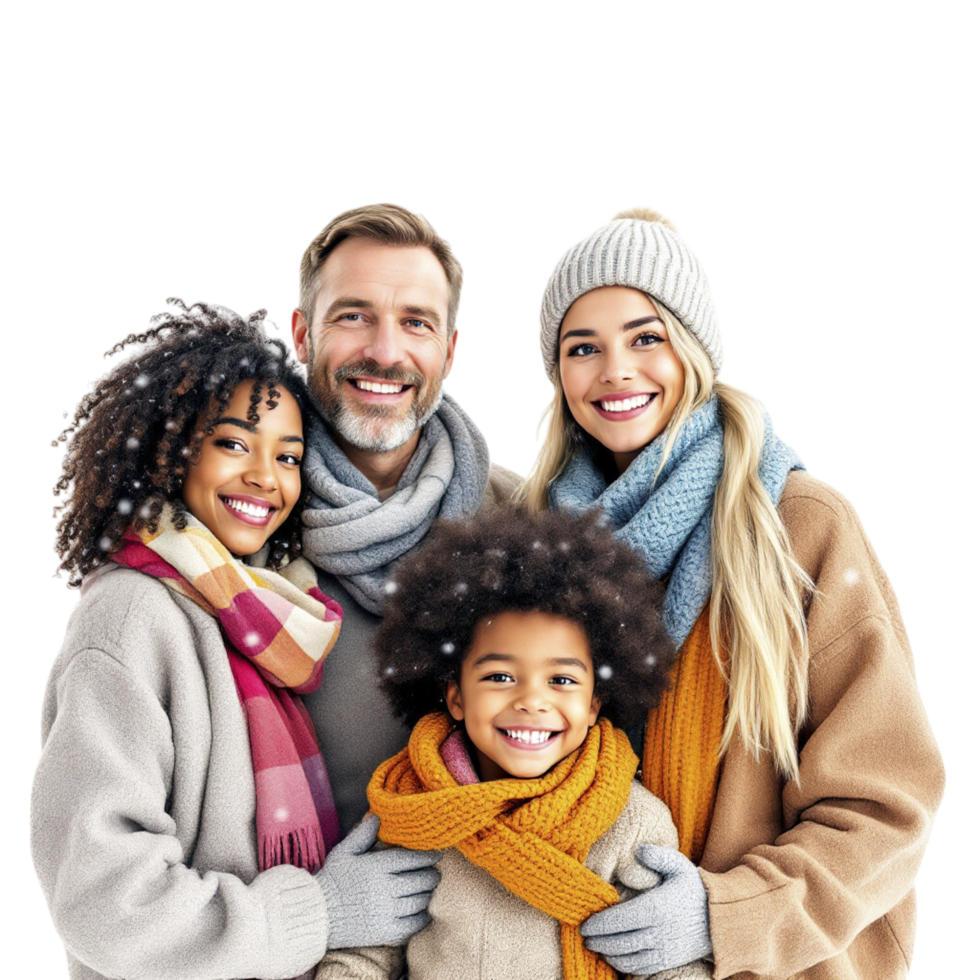 A family posing for a photo in winter clothes png
