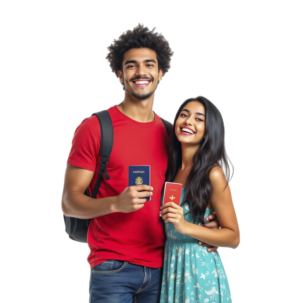 A young couple holding passports and smiling png