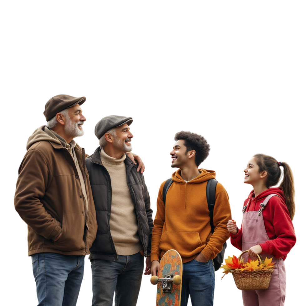 A group of people standing together with a skateboard png