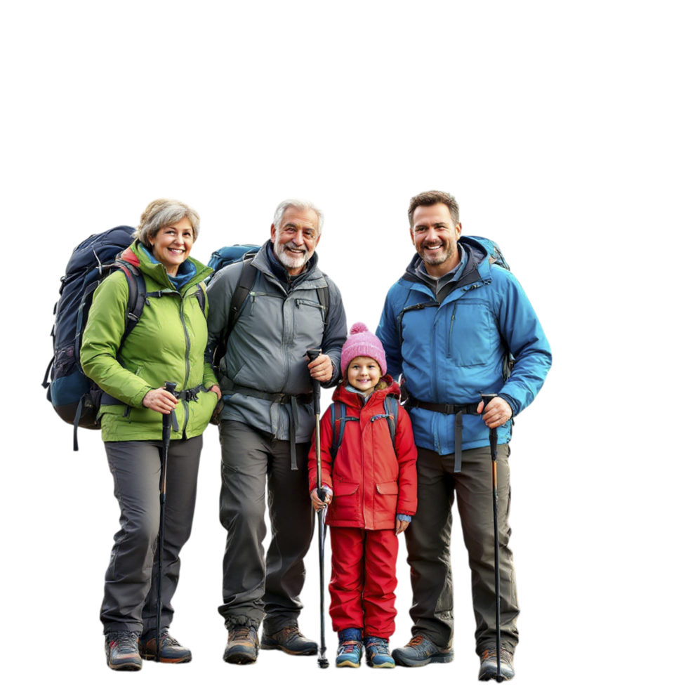 A family of hikers standing together on a black background png