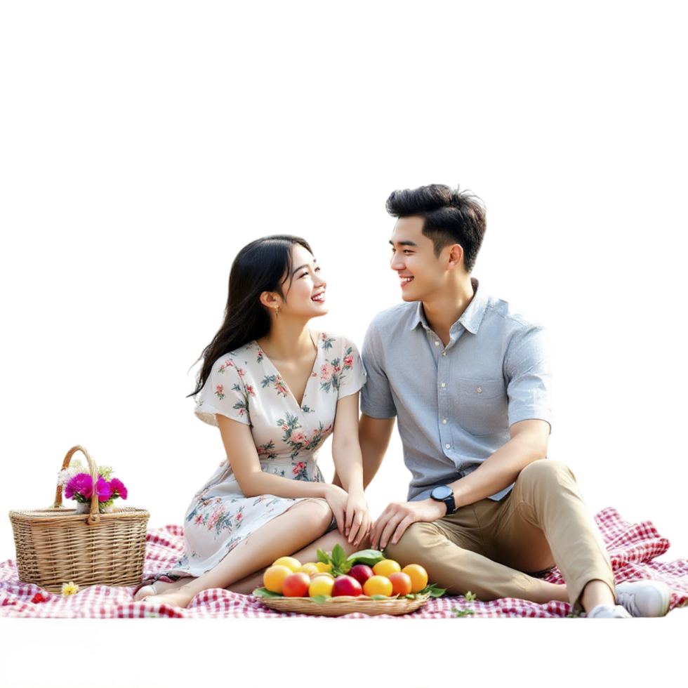 A couple sitting on a picnic blanket with fruit and flowers png