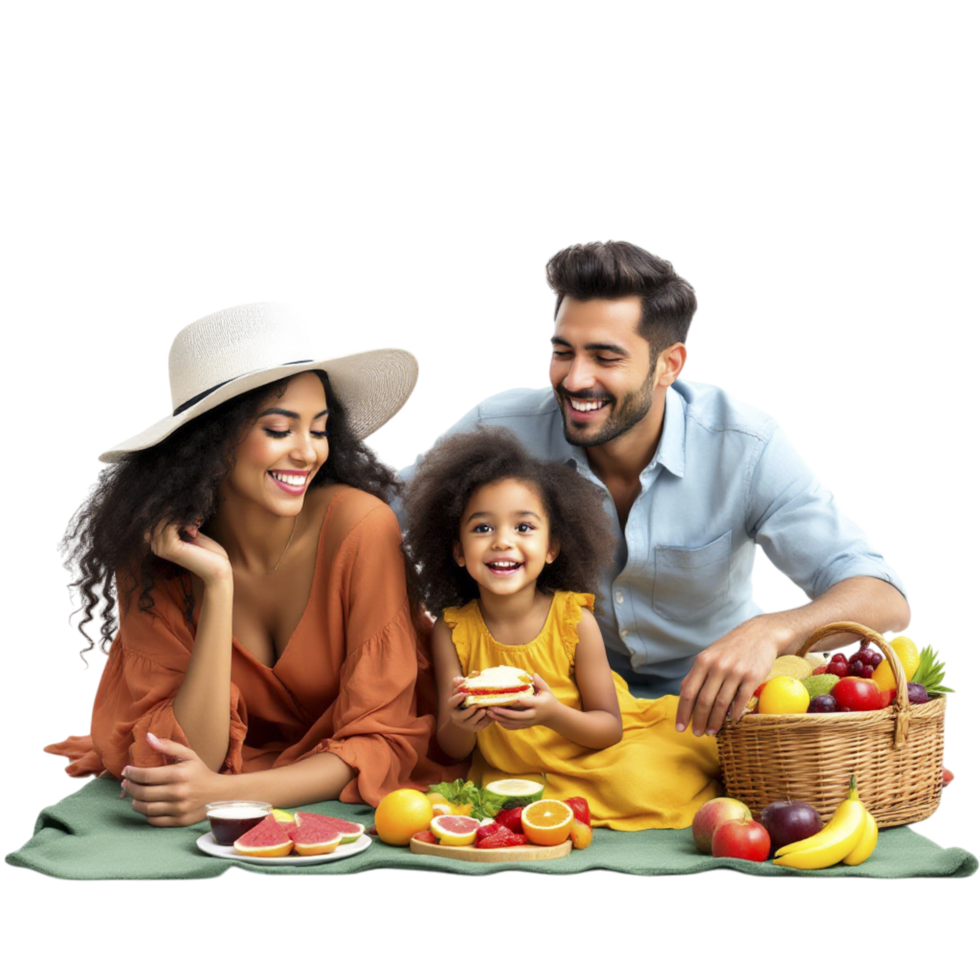 A family is having a picnic on a blanket with fruit and vegetables png