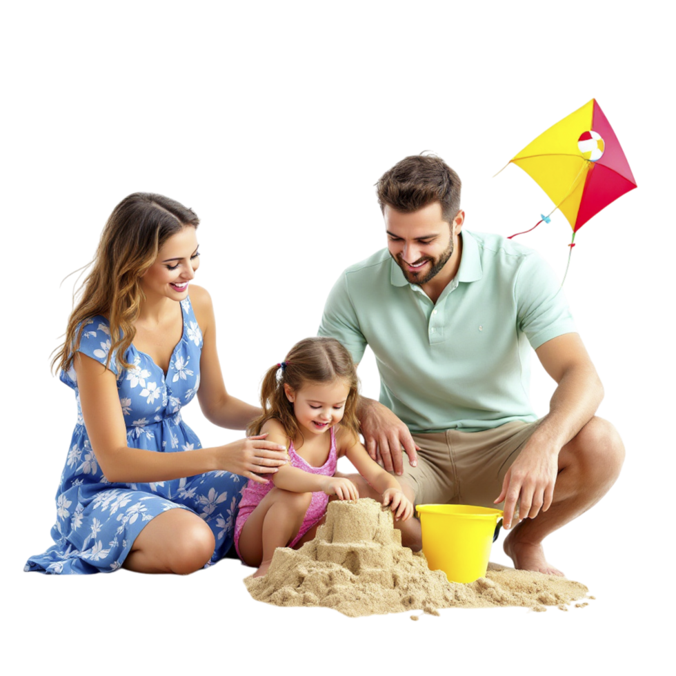 A family playing in the sand with a kite png