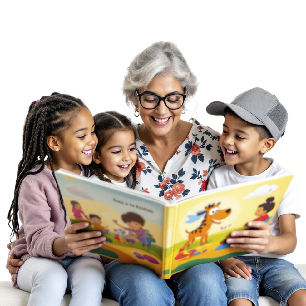 A woman reading to her grandchildren png