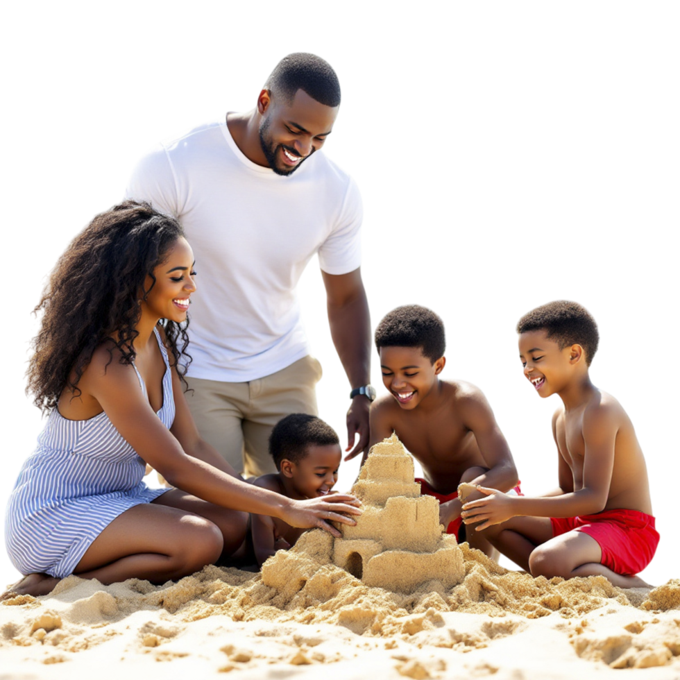 A family building a sand castle on the beach png