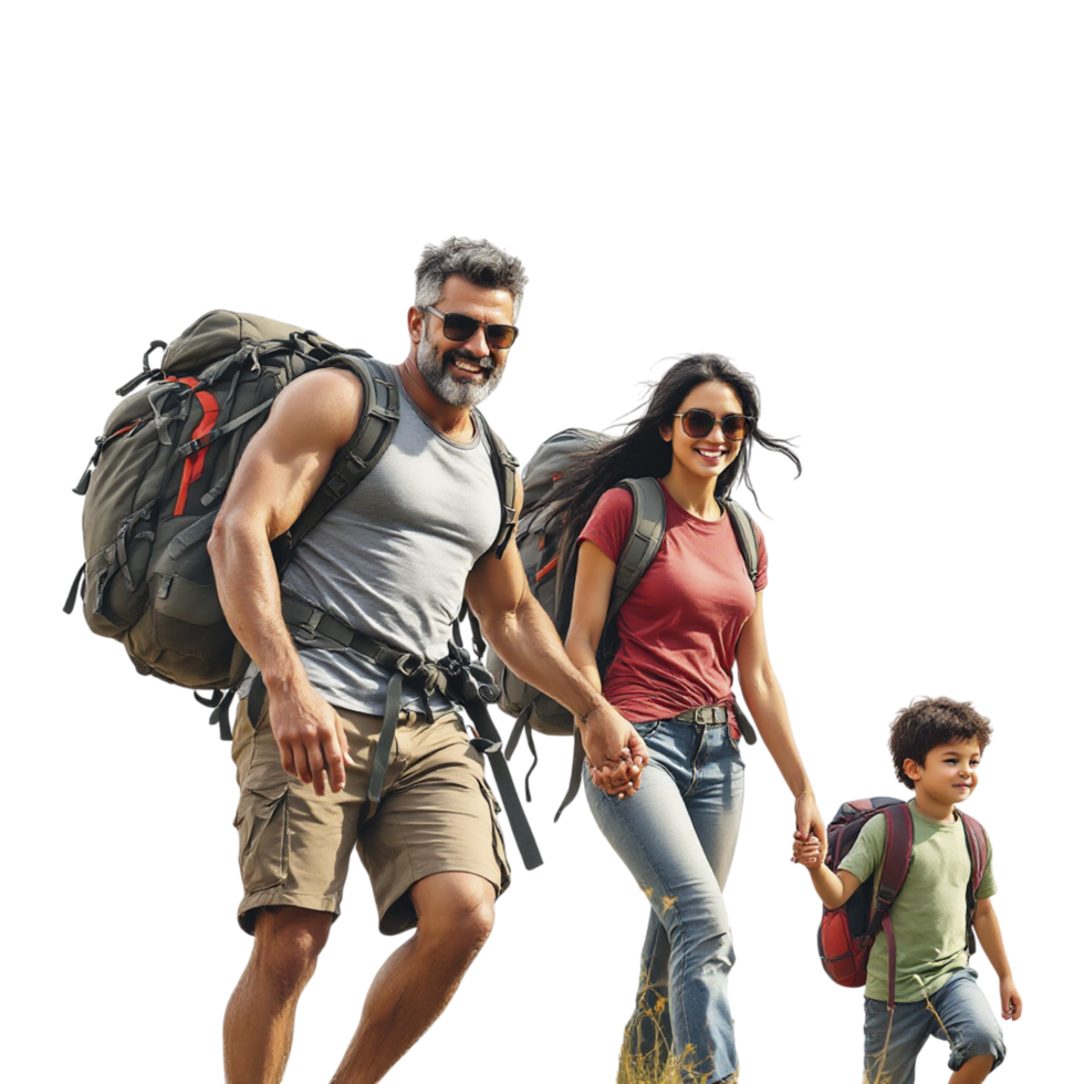 A family with backpacks walking on a trail png