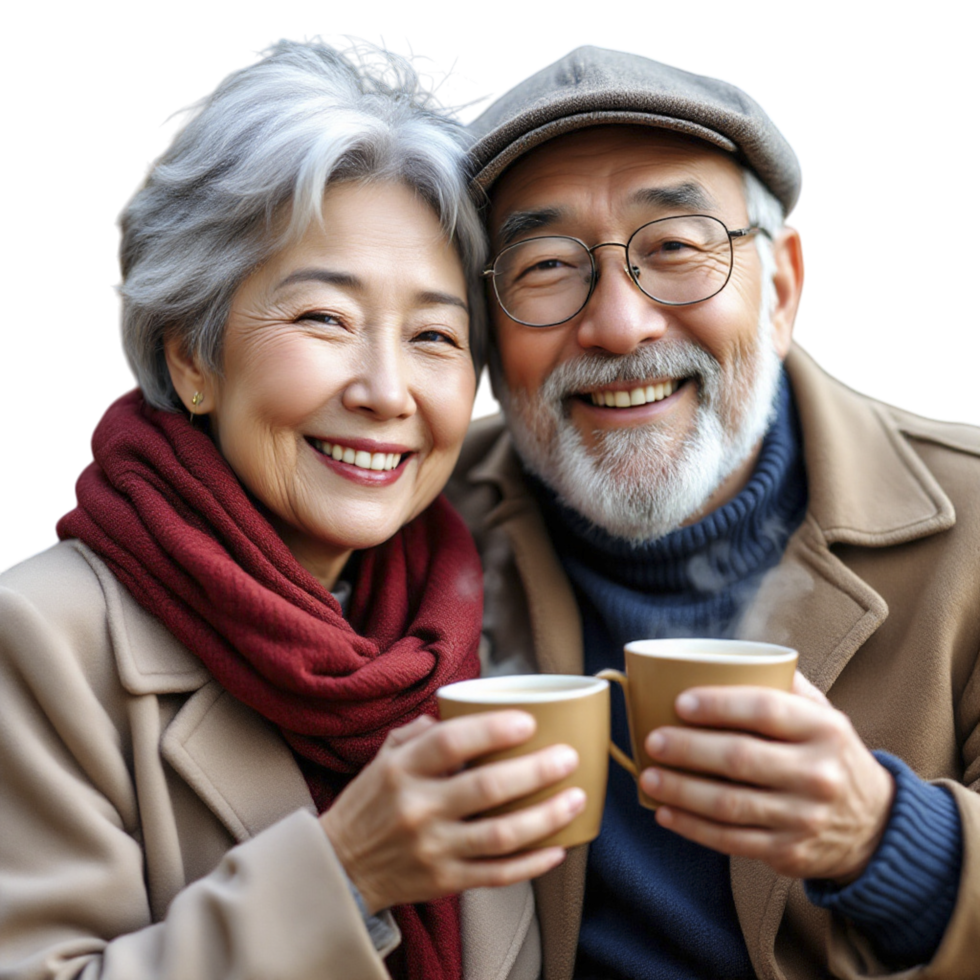 An older couple holding coffee cups png