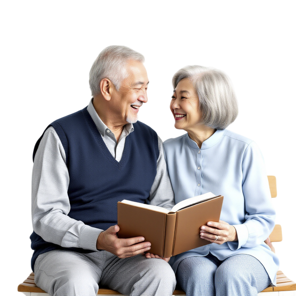An older couple sitting on a bench reading a book png