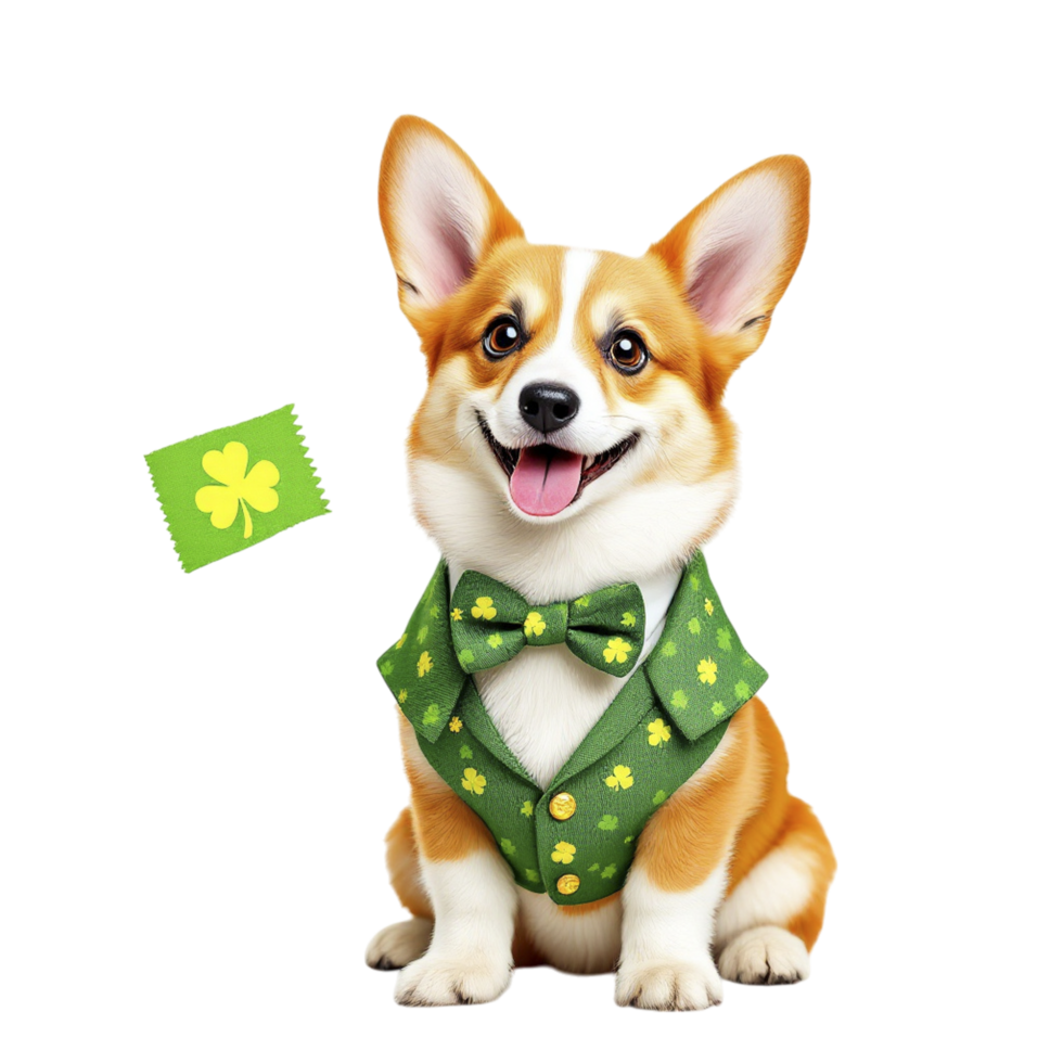 A corgi wearing a green vest and holding a shamrock png