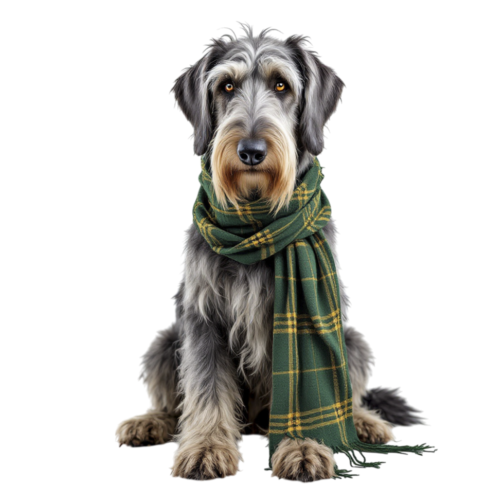 A dog wearing a green and black plaid scarf png