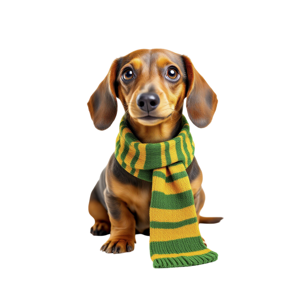A dachshund dog wearing a green and yellow scarf png
