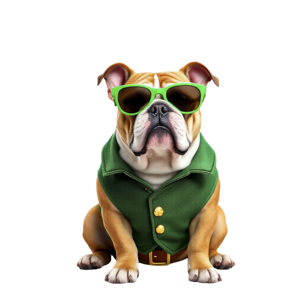 A bulldog wearing green sunglasses and a green shirt png