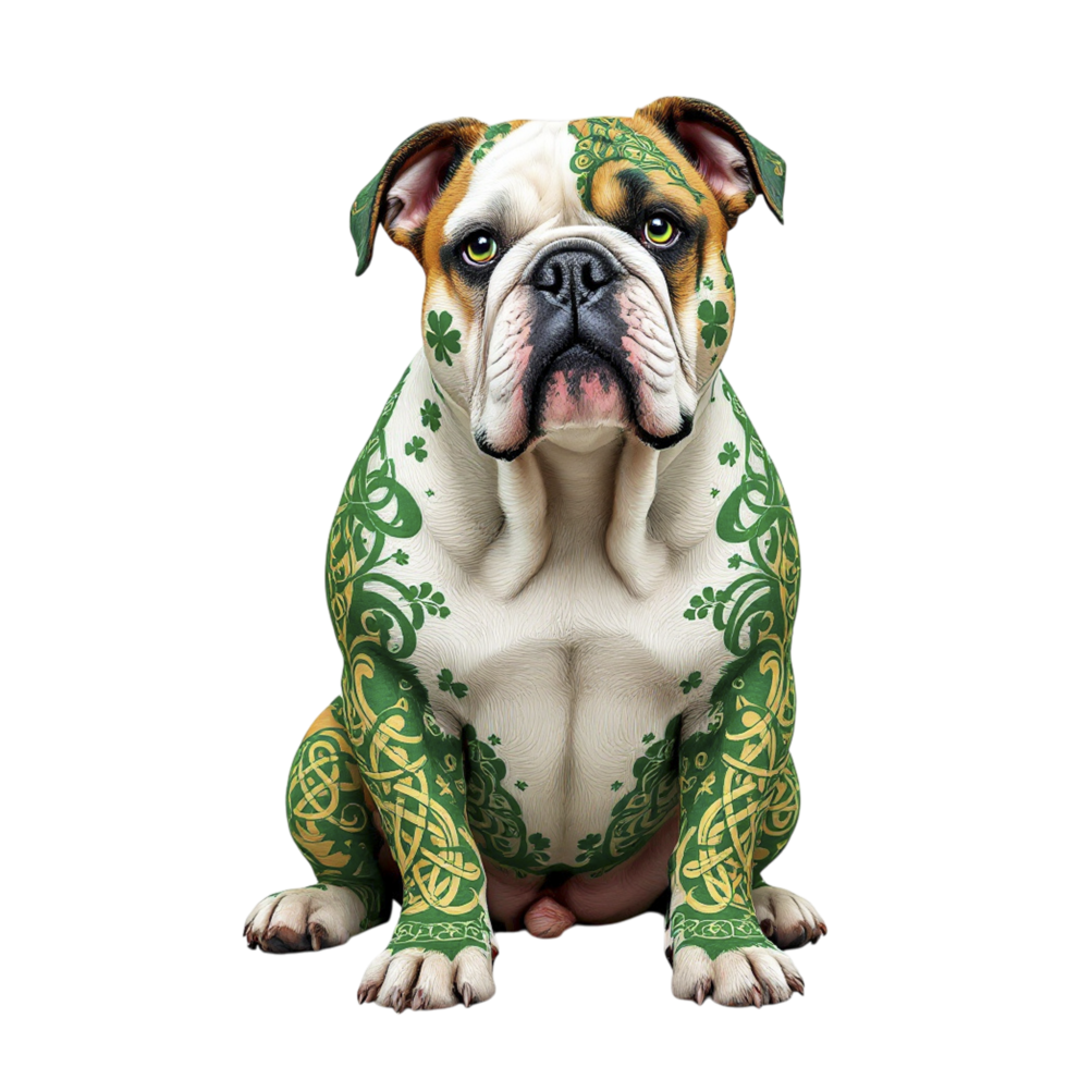 A bulldog with green and white tattoos png