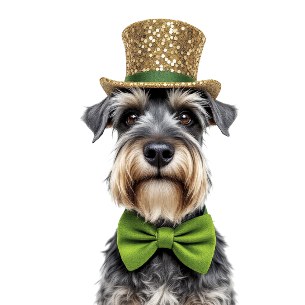 A miniature schnauzer wearing a green bow tie and a gold top hat png