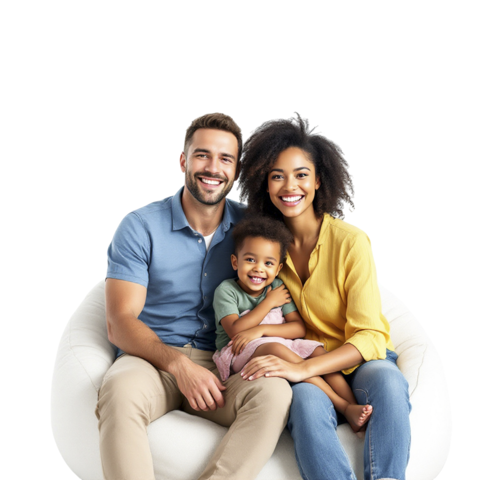 A man and woman sitting on a couch with a child png