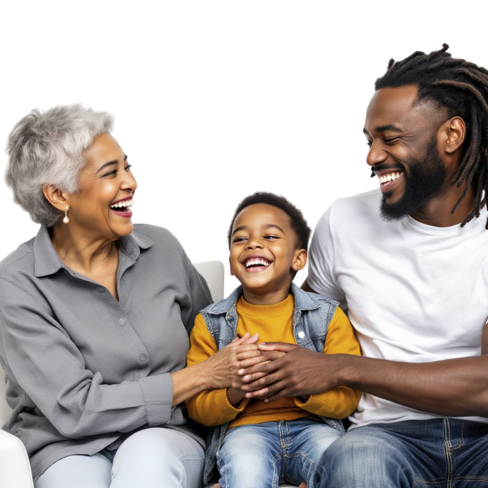 A family sitting on a couch laughing together png