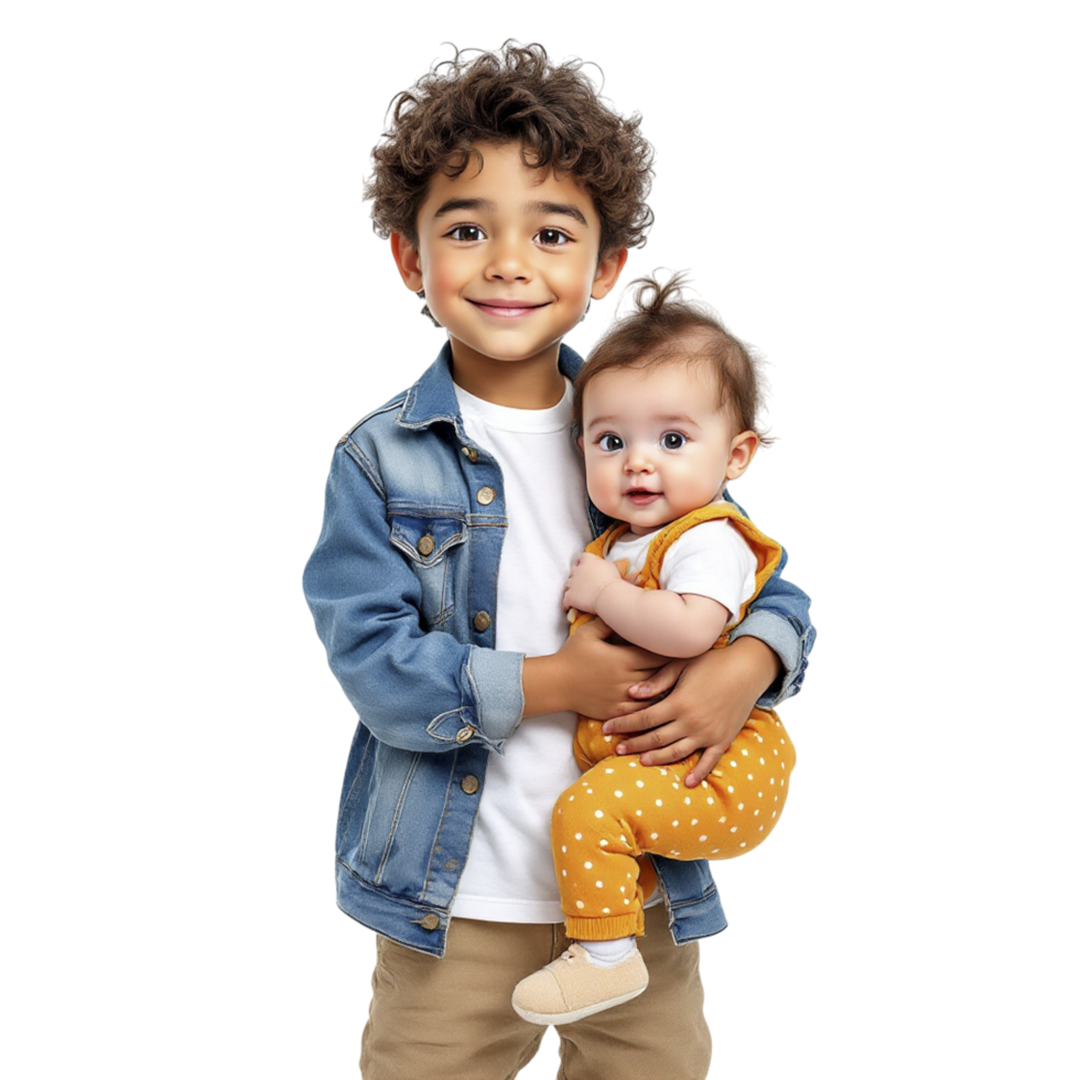 Two children holding each other in a black background png