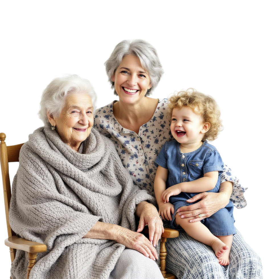 An older woman and her granddaughter sitting on a chair png