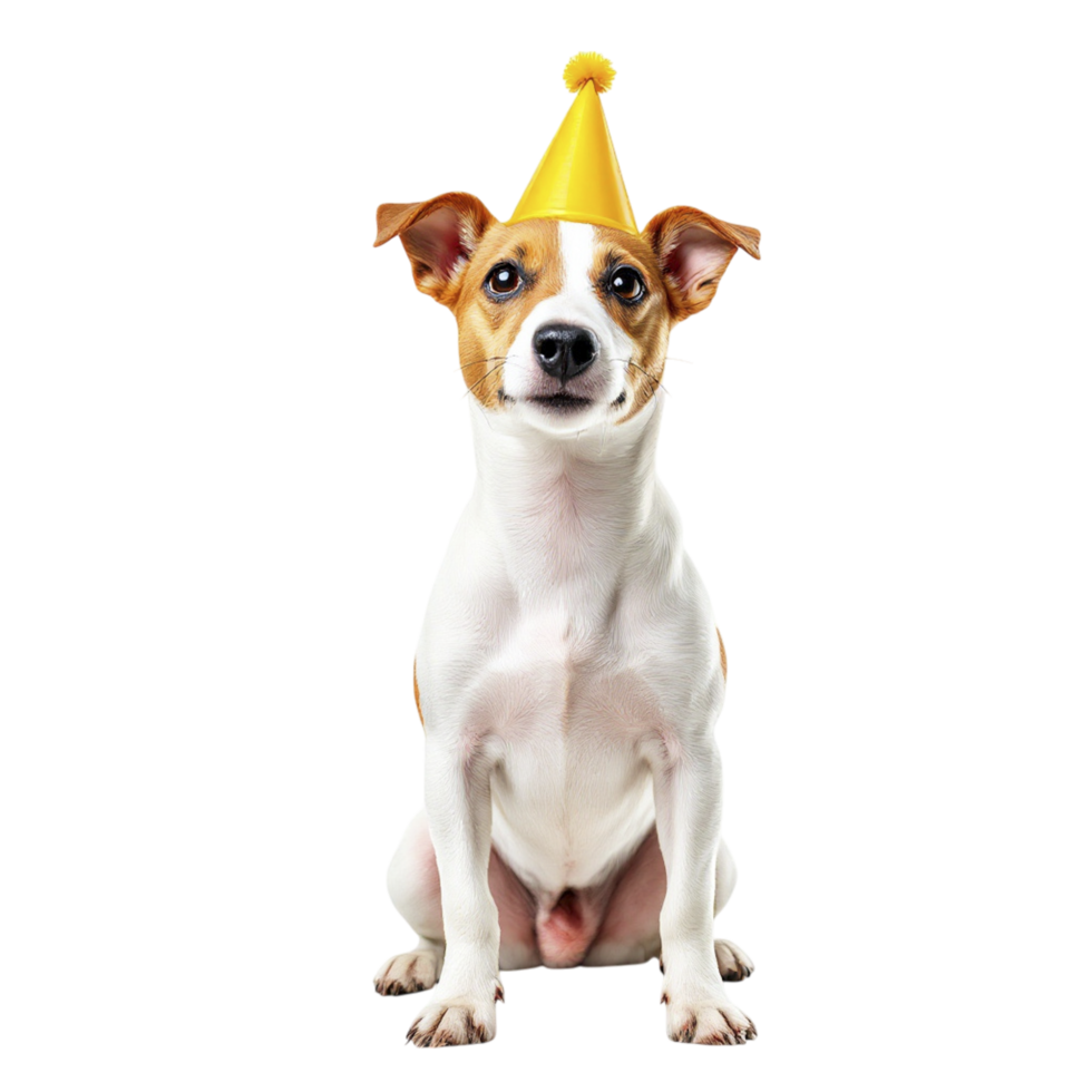 A dog wearing a party hat on a black background png
