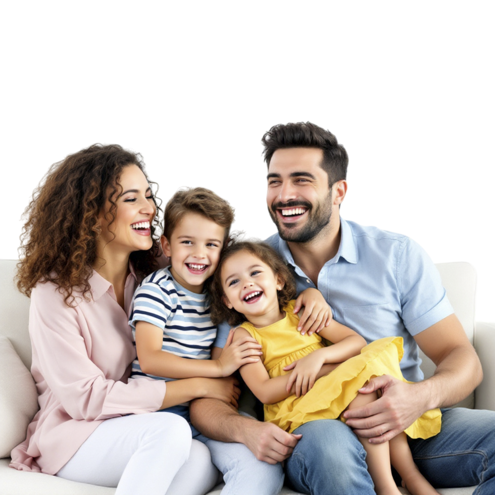 A family sitting on a couch with a child png