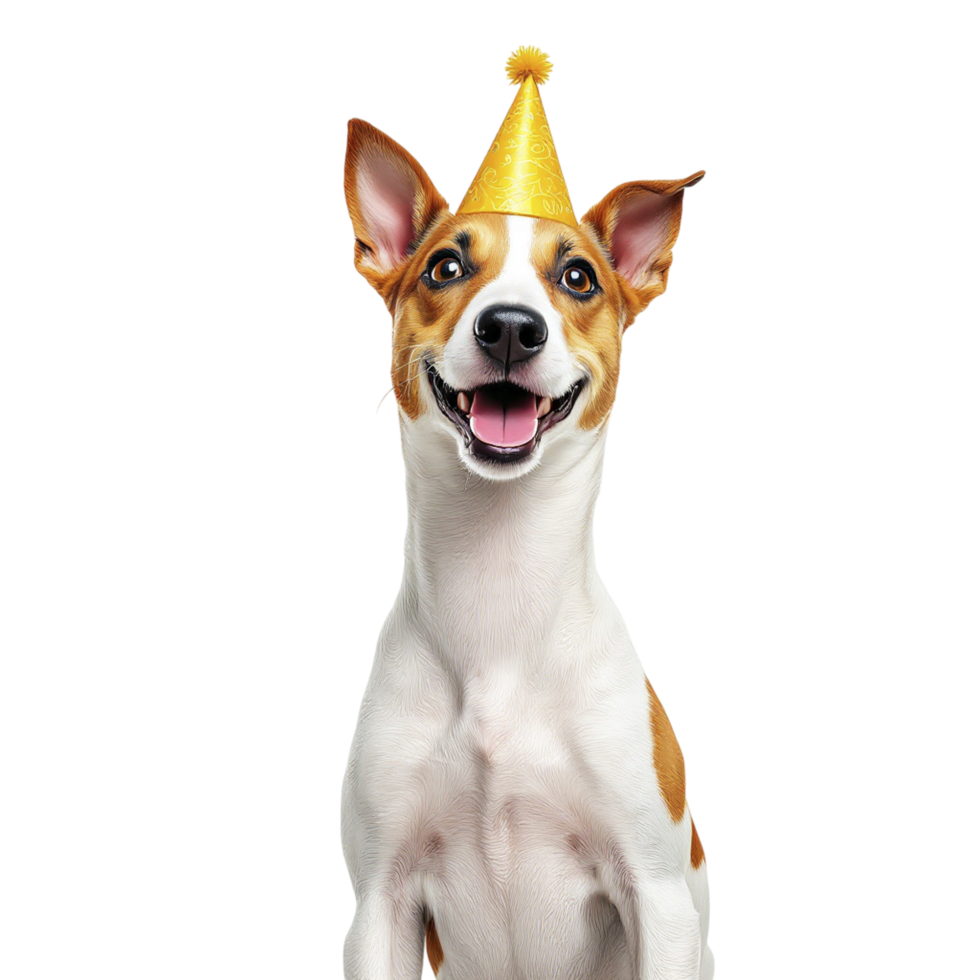A dog wearing a party hat on a black background png