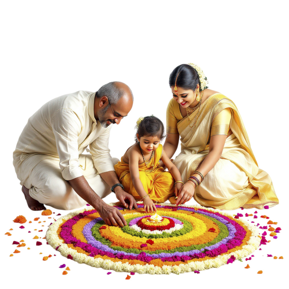 A family is making a rangoli with flowers png