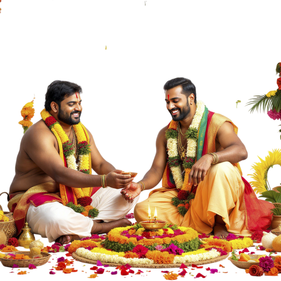 Two men sitting on a flower arrangement png
