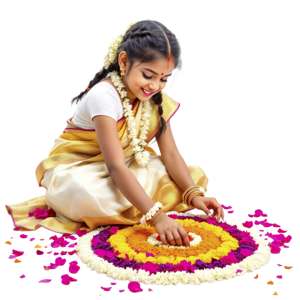 A young girl in a traditional sari is making a rangoli png