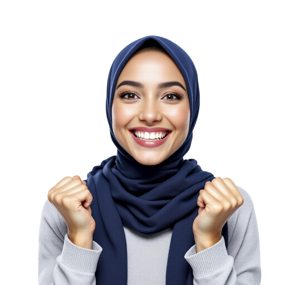 A woman in a hijab is smiling and raising her hands png
