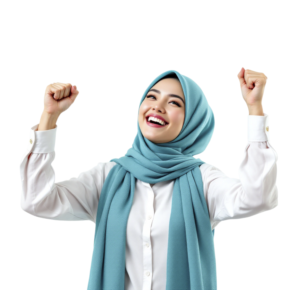 Happy muslim woman with arms raised up png