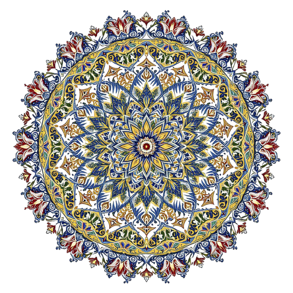 A circular pattern with blue and yellow flowers png