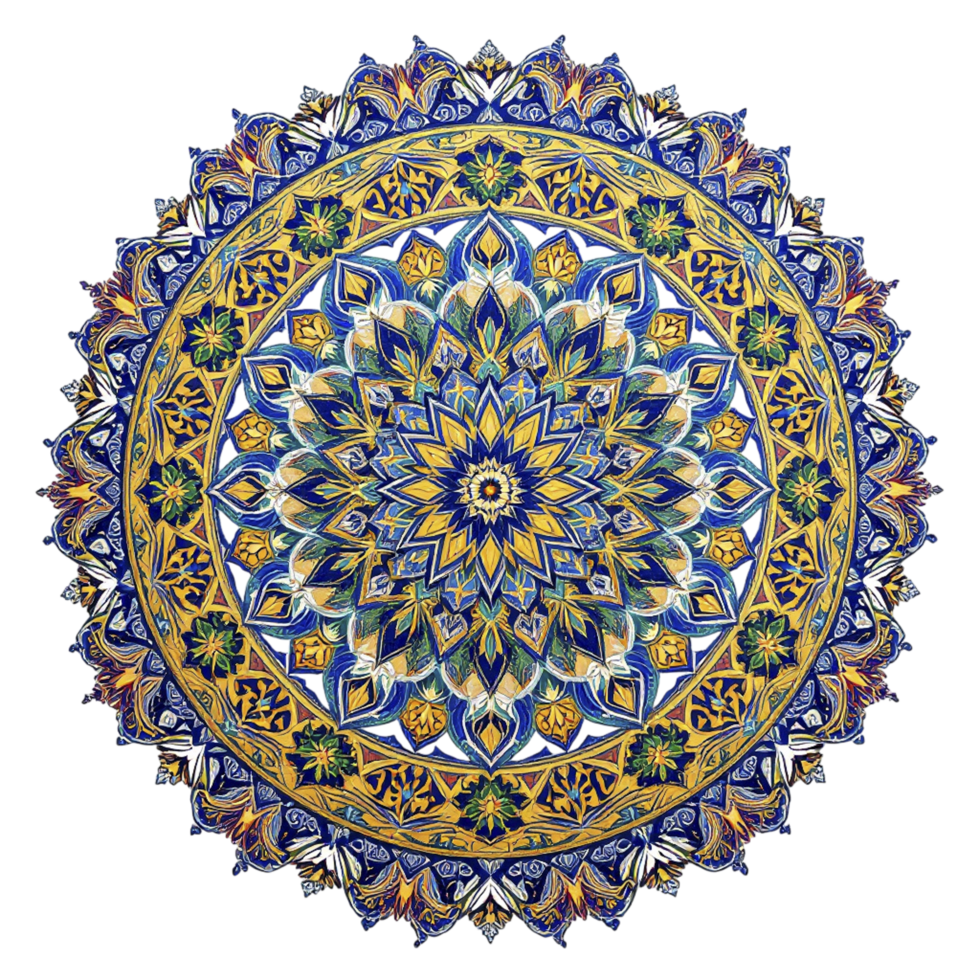 A circular pattern made of blue and yellow flowers png