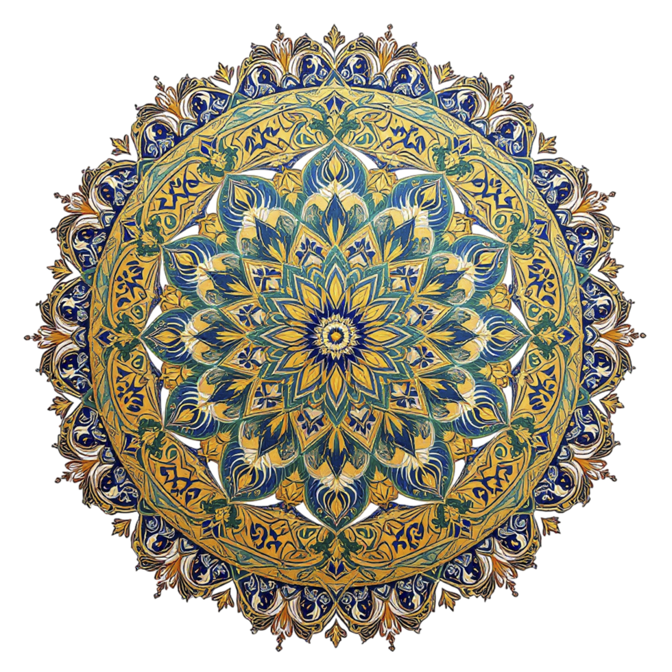 A circular pattern with blue and yellow flowers png