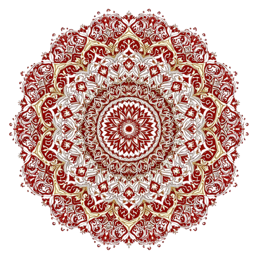 A red and gold circular pattern on a black background png