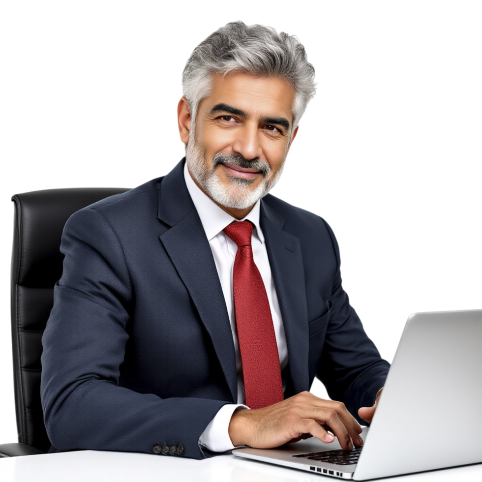 A man in a suit and tie sitting at a desk with a laptop png