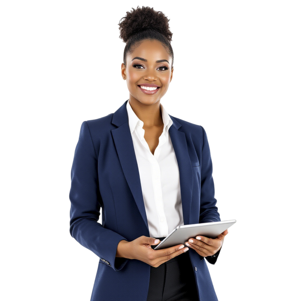 A smiling african american woman in a business suit holding a tablet png