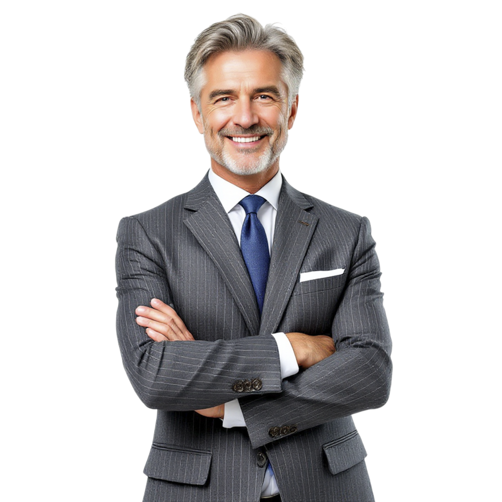 A man in a suit and tie standing with his arms crossed png