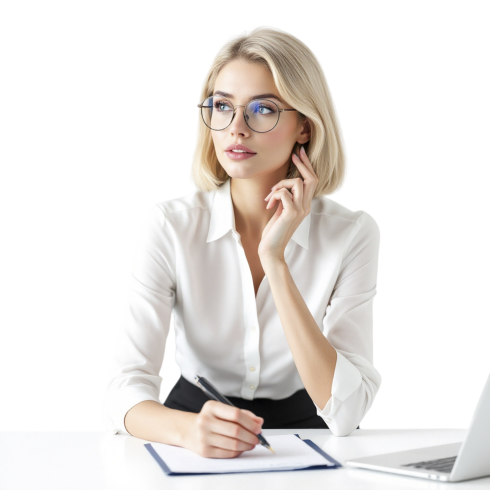 A woman in glasses sitting at a desk with a notebook png