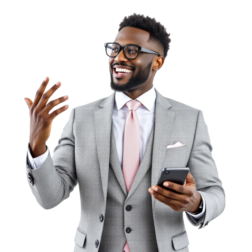 A man in a suit and tie is holding a cell phone png